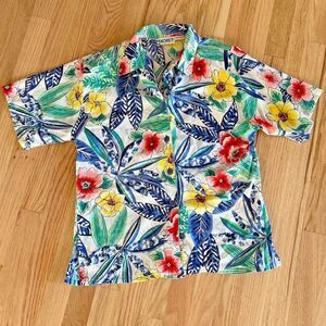 VTG 80s 90s Koret Womens 12 Blouse Shirt blue Floral Short‎ Sleeve hawaiian